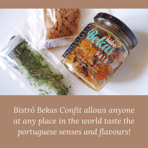 Os confits do Bistrô Bekas permitem a qualquer pessoa em qualquer lugar no mundo experimentar os sentidos e sabores portugueses. Imagem com um frasco de confit de pato, alperce e tomilho